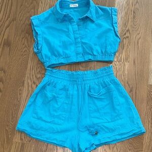 Avec Les Filles Turquoise Two-Piece Crop Top and Shorts Set